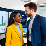 **Venture Capital Scene:** A vibrant and dynamic group of professional, diverse young entrepreneurs in a brightly lit, modern tech startup office. They are fully clothed in smart-casual business attire, gathered around a large interactive screen displaying innovative charts and data. An experienced venture capital investor, also in professional dress, is actively engaging with them, offering guidance. The scene emphasizes collaboration, new ideas, cutting-edge technology, and a forward-looking atmosphere. High-quality professional photography, perfect anatomy, correct proportions, well-formed hands, natural body proportions. safe for work, appropriate content, fully clothed, family-friendly.