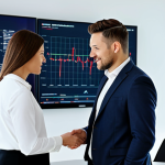 A professional businesswoman and a businessman, both in modest business suits, collaborating and discussing strategy in a modern, sleek office. Large digital screens in the background display abstract financial charts and data visualizations, symbolizing innovation and growth in private equity. The subjects have perfect anatomy, correct proportions, and natural poses, with well-formed hands and proper finger count. The image exhibits professional photography and high quality, ensuring natural body proportions. This is safe for work, appropriate content, fully clothed, and presented in a professional manner.