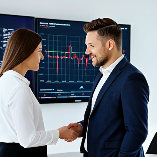 Home 7 A professional businesswoman and a businessman, both in modest business suits, collaborating and discussing strategy in a modern, sleek office. Large digital screens in the background display abstract financial charts and data visualizations, symbolizing innovation and growth in private equity. The subjects have perfect anatomy, correct proportions, and natural poses, with well-formed hands and proper finger count. The image exhibits professional photography and high quality, ensuring natural body proportions. This is safe for work, appropriate content, fully clothed, and presented in a professional manner.