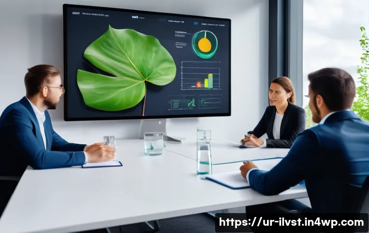 사모펀드와 ESG 투자 연계 - A professional business meeting scene in a modern office with diverse investors discussing sustainab...