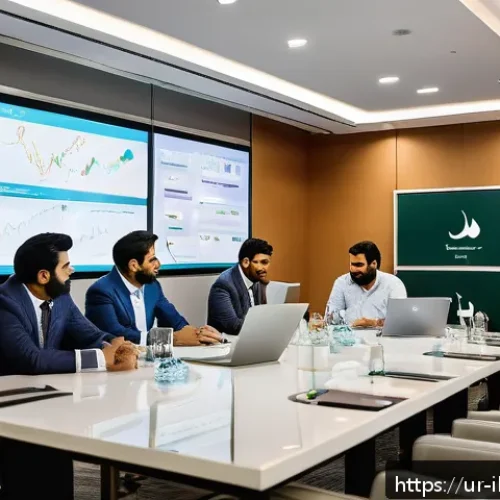 사모펀드와 스타트업 간의 시너지 - A modern investment meeting scene in a sleek corporate office in Karachi, Pakistan, showing diverse ...