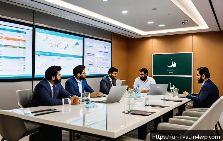 사모펀드와 스타트업 간의 시너지 - A modern investment meeting scene in a sleek corporate office in Karachi, Pakistan, showing diverse ...