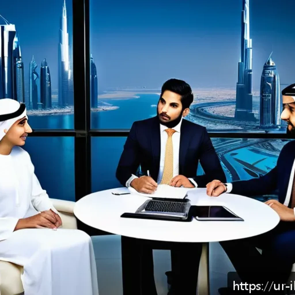 사모펀드의 유망 글로벌 시장 - A professional business meeting scene set in a modern Middle Eastern office overlooking Dubai&rsquo;s skyl...