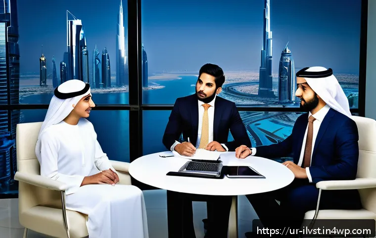 사모펀드의 유망 글로벌 시장 - A professional business meeting scene set in a modern Middle Eastern office overlooking Dubai&rsquo;s skyl...