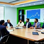 사모펀드의 운영 비용 및 수수료 분석 - A sophisticated modern office scene in Karachi, showing a diverse group of professional Urdu-speakin...