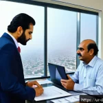 사모펀드 투자자문사 선택 기준 - A professional financial advisor in a modern office setting in Karachi, Pakistan, attentively explai...