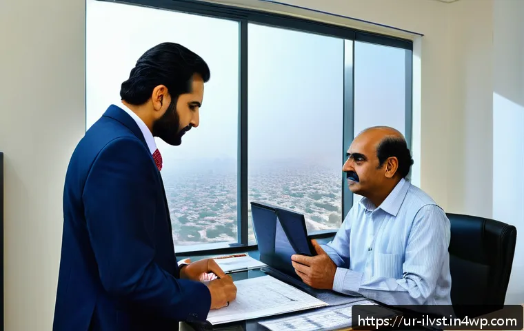 사모펀드 투자자문사 선택 기준 - A professional financial advisor in a modern office setting in Karachi, Pakistan, attentively explai...